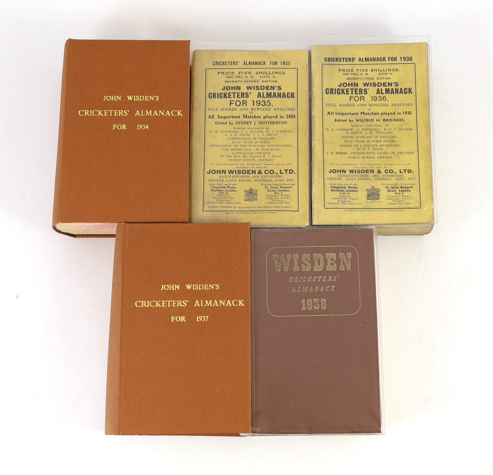 Wisden, John - Cricketers’ Almanack for the years 1930 (67th edition) -1938 (75th edition), all rebound brown cloth gilt (excepting issues for 1930 and 1935-36) and retaining original paper wrappers (bar 1938 issue, an o